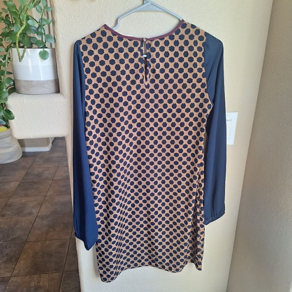 Anthropologie Everly polka dot shift dress small tan and blue - Picture 6 of 7